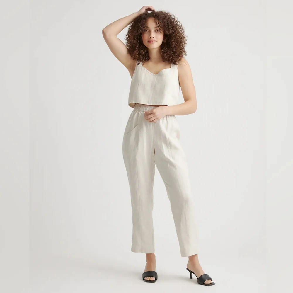 Linen-Blend Cream High-Waist Pants